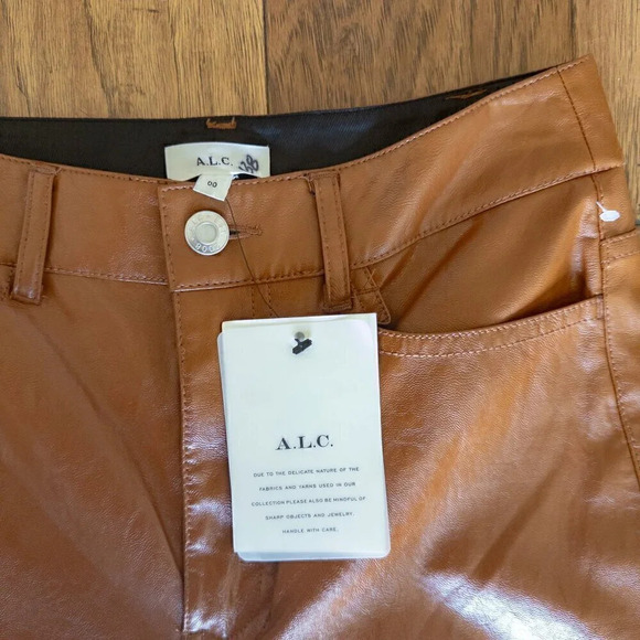 NWT A.L.C. Freddie $395 Vegan Leather Straight Leg Pant in Cognac, Size 00 - Picture 5 of 9